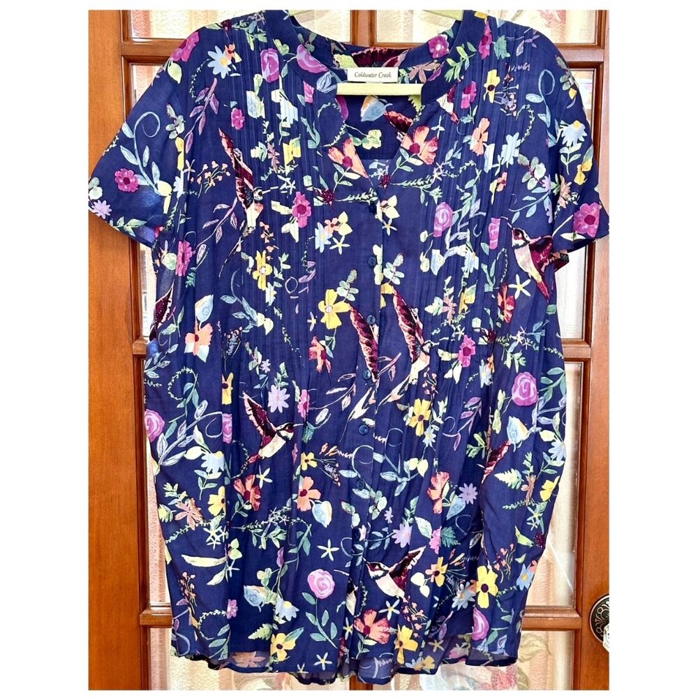 Tunic with florals & birds ~ pintuck ~ Coldwater Creek